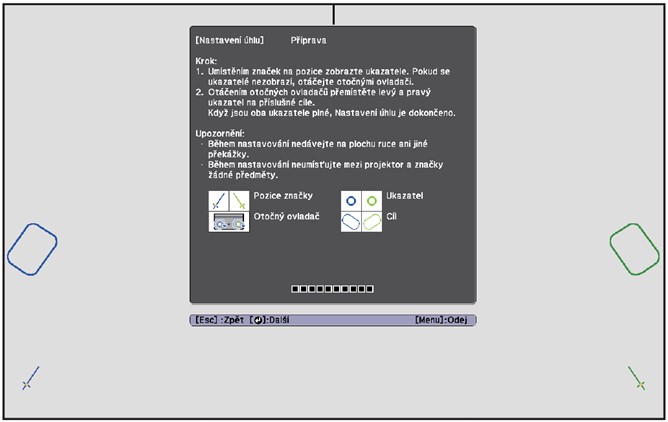 Instrukce, které se nám při nastavení úhlu zobrazí na obrazovce.