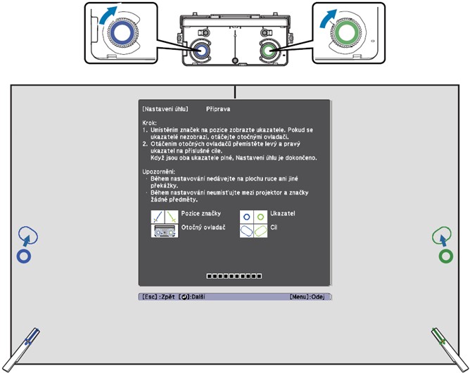 Otáčením otočných ovladačů přemístěte levý a pravý ukazatel na příslušné cíle.