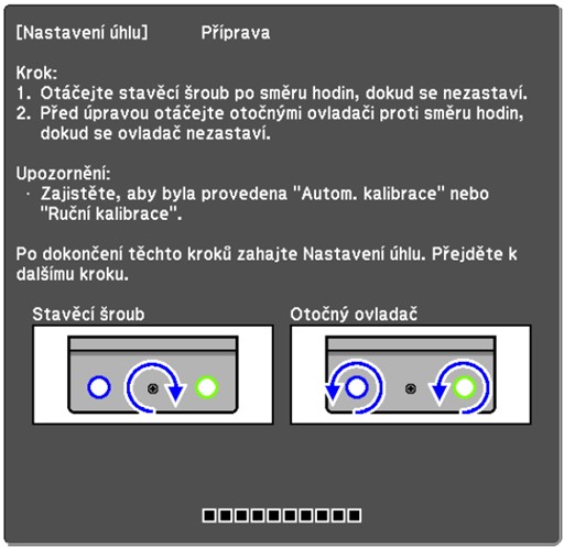 Instrukce, které se nám při nastavení úhlu zobrazí na obrazovce.