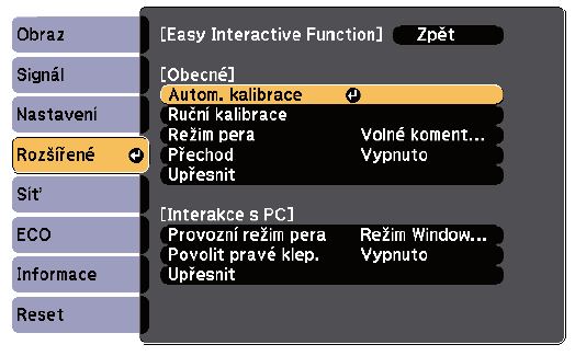 V „Easy Interactive Function" zvolíme možnost „Autom. kalibrace".