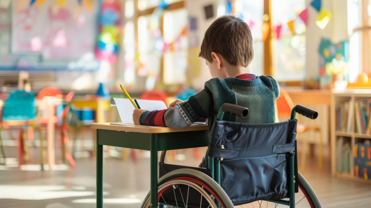 Žák na vozíčku ve třídě.