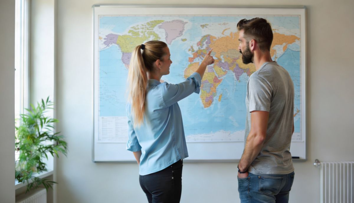 Plánování společné dovolené na tabuli Manažer s potiskem mapy světa.
