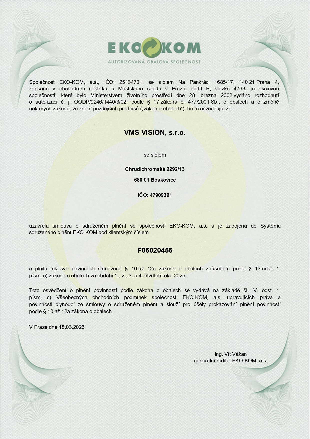 Certifikát EKO-KOM.