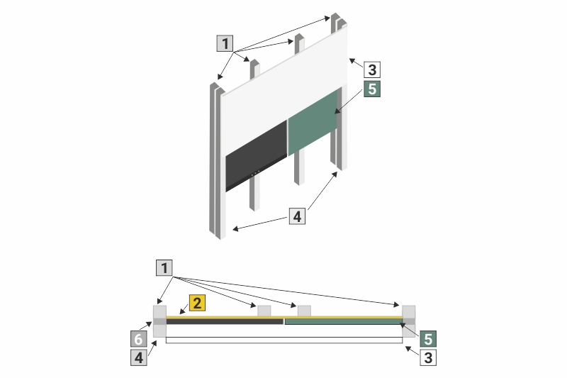 Interaktivní sestava LCD panel s doplňkovou tabulí a přední krycí tabulí na PYLONU AL Interaktivní sestava na zvedacím systému PYLON AL - LCD 65